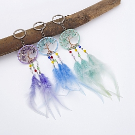 Natural Quartz Tree of Life Keychain, Iron Woven Net with Feather Keychain