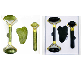 Natural Jade Therapy Massage Tool Kit, Including Gua Sha Board & Facial Rolloer, Scraping Massage Tools