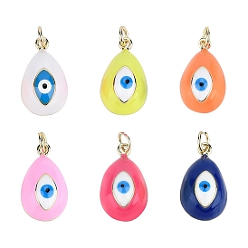 Nbeads 6Pcs 6 Colors Real 16K Gold Plated Brass Enamel Pendants, with Jump Ring, Cadmium Free & Nickel Free & Lead Free, Teardrop with Evil Eye