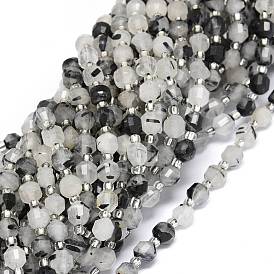 Natural Black Rutilated Quartz Beads Strands, with Seed Beads, Faceted, Bicone, Double Terminated Point Prism Beads