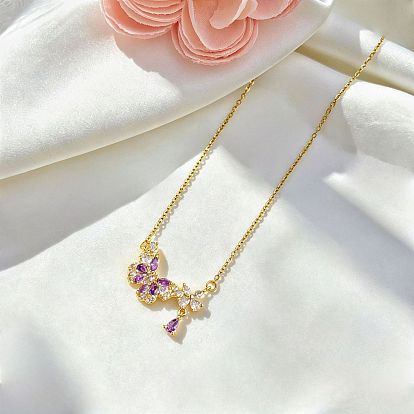 Brass Pave Cubic Zirconia Flower Butterfly Pendant 304 Stainless Steel Cable Chain Necklaces for Women, Golden