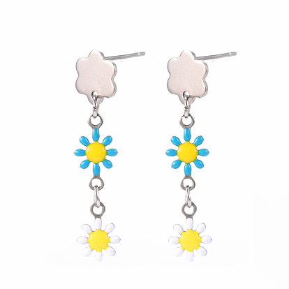 Longues boucles d'oreilles pendantes en émail avec fleur, plaqué de couleur en acier inoxydable 304 bijoux en acier inoxydable pour femmes
