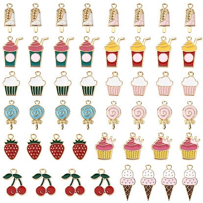72Pcs 12 Style Light Gold Alloy Enamel Pendants, Cadmium Free & Lead Free, Cake & Drink & Ice Cream & Strawberry & Cherry & Lollipop