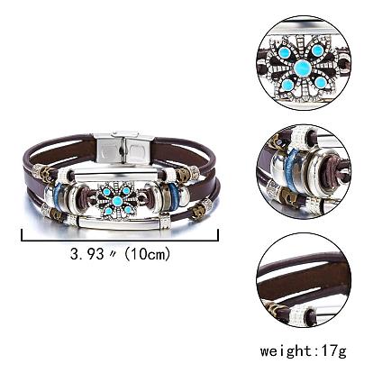 Ethnic Style Turquoise Jewelry Vintage Floral Diamond Crystal Tube Bead Leather Bracelet