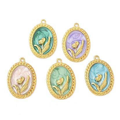 304 нержавеющей стальной эмали подвески, золотые, овал с цветочной подвеской