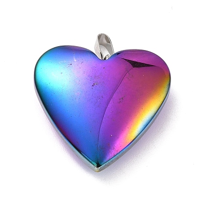 Electroplate Non-magnetic Synthetic Hematite Pendants, with Platinum Tone Brass Findings, Rainbow Heart