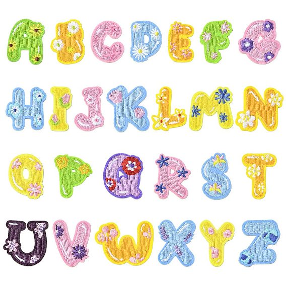 26Pcs 26 Styles Letter A~Z with Flower Polyester Self Adhesive Embroidered Patches