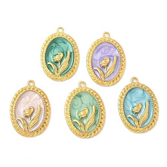 304 нержавеющей стальной эмали подвески, золотые, овал с цветочной подвеской
