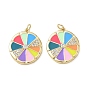 Brass Micro Pave Clear Cubic Zirconia Pendants, with Enamel, Flat Round Charms, Golden