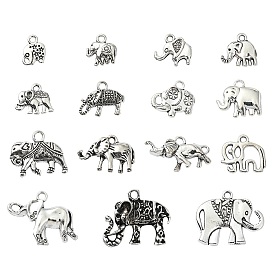 60Pcs 15 Styles Tibetan Style Alloy Elephant Pendants, Elephant