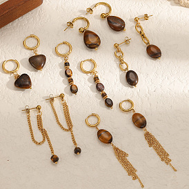 304 Pendientes colgantes de acero inoxidable y ojo de tigre natural, dorado