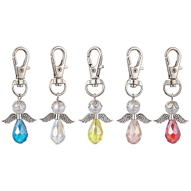 5Pcs 5 Colors Angel Glass Pendant Decoraiton, with Alloy Swivel Lobster Claw Clasps