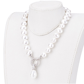 Round Shell Pearl Pendant Necklaces, with Cubic Zirconia and Brass Findings, Drop, Platinum