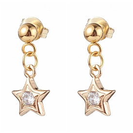 Brass Micro Pave Clear Cubic Zirconia Star Dangle Stud Earrings, with 304 Stainless Steel Pins and Ear Nuts