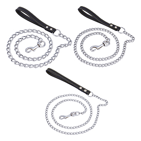 CHGCRAFT 3Pcs 3 Style Iron Curb Chains & PU Leather Handles Ropes, Pet Collar Traction Rope