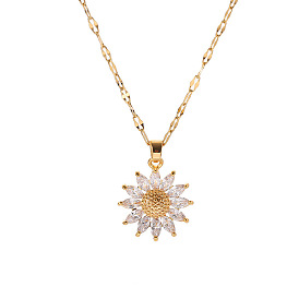 Glass Sunflower Pendant Necklaces, Titanium Steel Dapped Chain Necklace