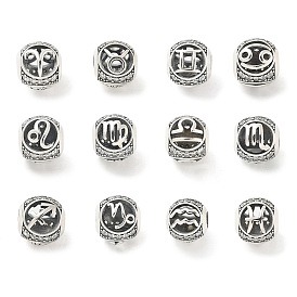 Brass Clear Cubic Zirconia European Beads, Large Hole Beads, Rondelle with Twelve Constellations, Antique Silver