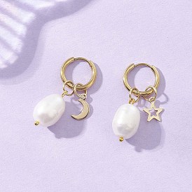 Серьги-кольца из натурального культивированного пресноводного жемчуга с рисунком в виде звезды и луны, фурнитура из нержавеющей стали , слева и справа