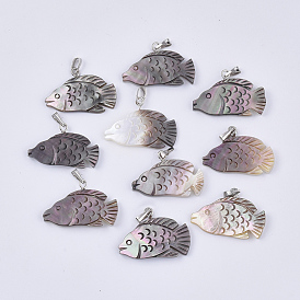 Black Lip Shell Pendants, with Platinum Tone Iron Peg Bails, Fish