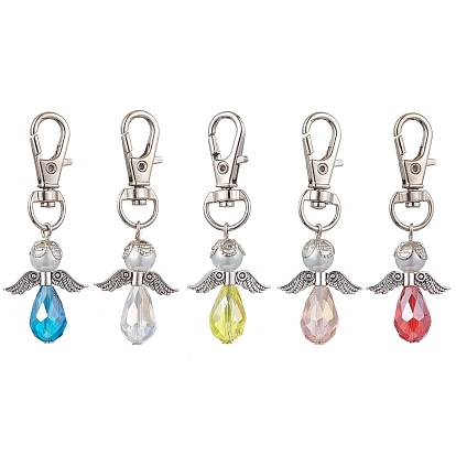 5 pcs 5 couleurs ange verre pendentif décoration, avec un alliage pivotant homard fermoirs griffe