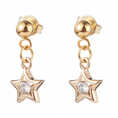 Brass Micro Pave Clear Cubic Zirconia Star Dangle Stud Earrings, with 304 Stainless Steel Pins and Ear Nuts