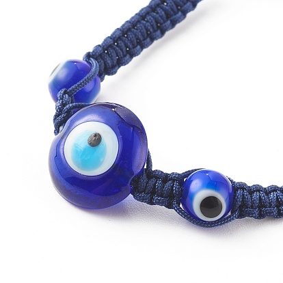 Adjustable Nylon Cord Braided Bead Bracelets, with Evil Eye Lampwork Beads and Brass Beads, Platinum