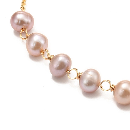 Brass Lariat Necklaces, with Natural Pearl & Bowknot Natural Shell Pendants, Long-Lasting Plated