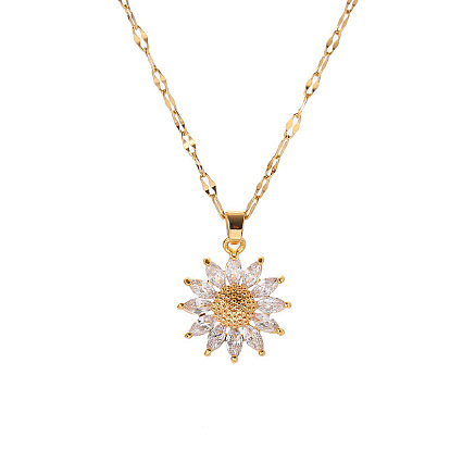 Glass Sunflower Pendant Necklaces, Stainless Steel Dapped Chain Necklace
