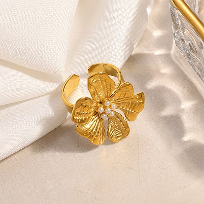 304 Stainless Steel Cuff Open Rings for Women, with Plastic Pearl, Flower