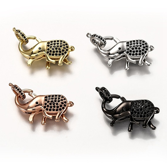 Brass Micro Pave Black Cubic Zirconia Lobster Claw Clasps, with Bail Beads/Tube Bails, Long-Lasting Plated, Elephant