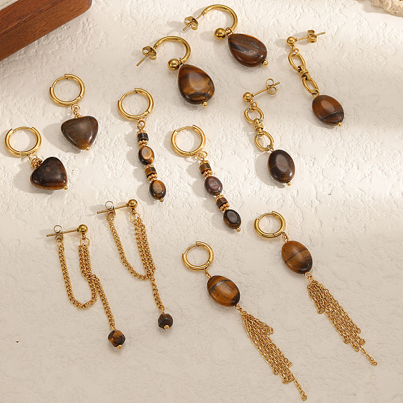 304 Stainless Steel & Natural Tiger Eye Stud Dangle Earrings, Golden