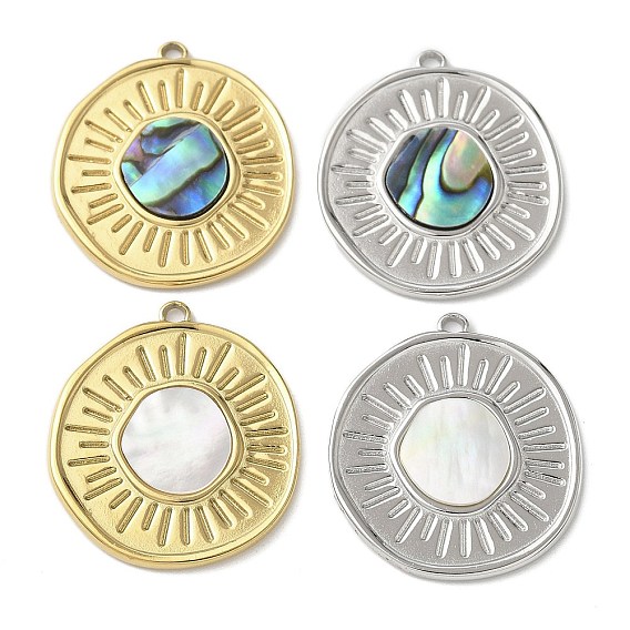 Плоские круглые 304 подвески из натуральной ракушки пауа из нержавеющей стали/белой ракушки