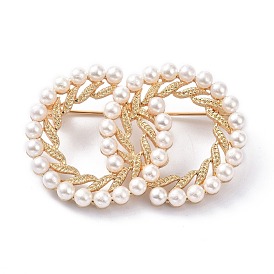 Plastic Imitation Pearl Beads Brooch, with Rhinestone and Alloy Findings, Double Ring