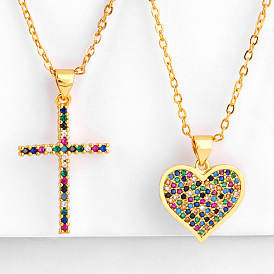 Sparkling Cross Heart Pendant Necklace for Couples with Zirconia Stones
