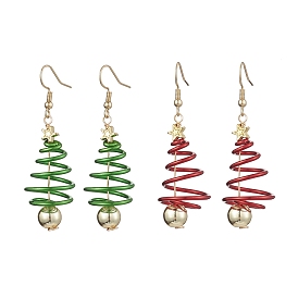 2 Pairs 2 Colors Christma Tree Electroplated Synthetic Non-magnetic Hematite & Aluminum Wire Dangle Earrings, 304 Stainless Steel Jewelry for Women