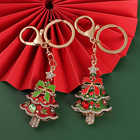 Sparkling Rhinestone Christmas Tree Ornament Bow Keychain Bag Charm Pendant
