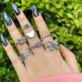 Retro Geometric Joint Ring Set with Butterfly, Bee, Heart, Daisy and Snake Design - 7 Pieces