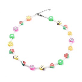 Polymer Clay Fruit Beaded Necklaces, with Glass Seed Beads and 304 Stainless Steel Lobster Claw Clasps