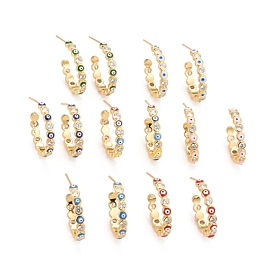 C-shape with Evil Eye Enamel Stud Earrings, Cadmium Free & Nickel Free & Lead Free, Real 18K Gold Plated Brass Micro Pave Clear Cubic Zirconia Half Hoop Earrings for Women