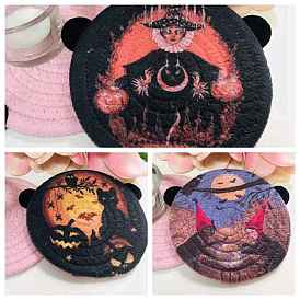 Halloween Theme Printed Cotton Cup Mats, Braided Hot Pads, for Wiccan, Cat/Moon/Witch