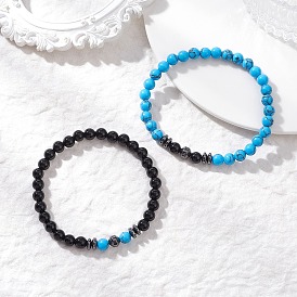 2 Браслеты из натурального черного оникса, синтетического говлита и гематита, эластичные, для женщин и мужчин., круглые