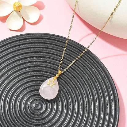 Natural Rose Quartz Teardrop Star Pendant 304 Stainless Steel Cable Chain Necklaces for Women