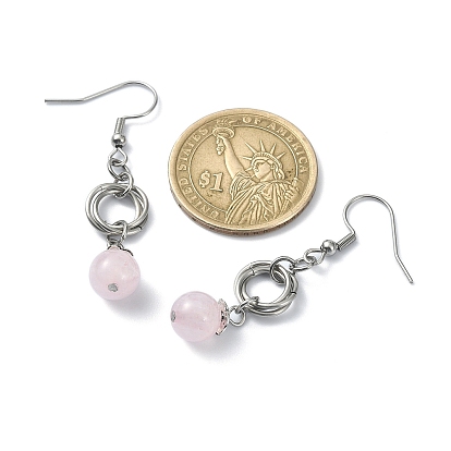 Boucles d'oreilles pendantes en pierre de gensstone naturelle mélangée, style paires, perles rondes, boucles d'oreilles pendantes en alliage