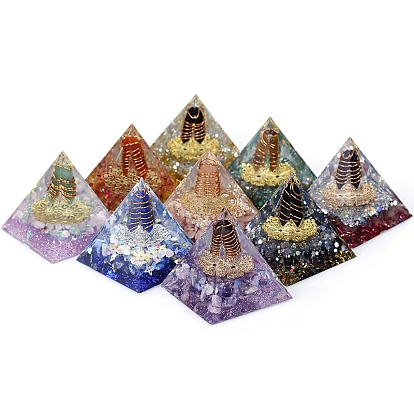 Orgonite Pyramid Resin Energy Generators, Reiki Wire Wrapped Natural Gemstone Hexagonal Prism Inside for Home Office Desk Decoration