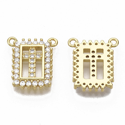 Brass Micro Pave Cubic Zirconia Pendants, Nickel Free, Rectangle with Cross, Clear