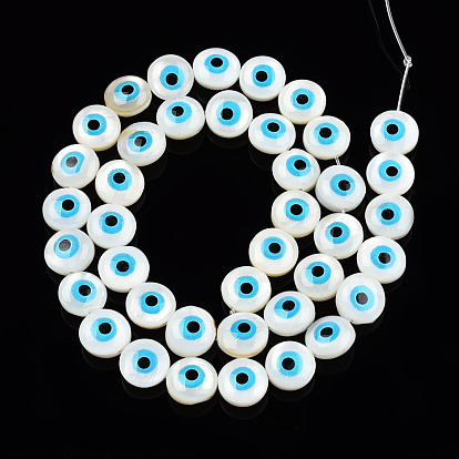 Natural Sea Shell Beads Strands, Flat Round with Evil Eye