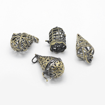 Brass Rack Plating Cage Pendants, For Chime Ball Pendant Necklaces Making, Lead Free & Cadmium Free, Mixed Shpes