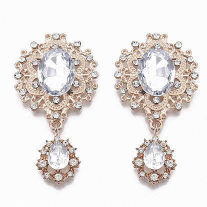 Cabochons en alliage, avec strass acrylique et strass cristal, facette, fleur et larme