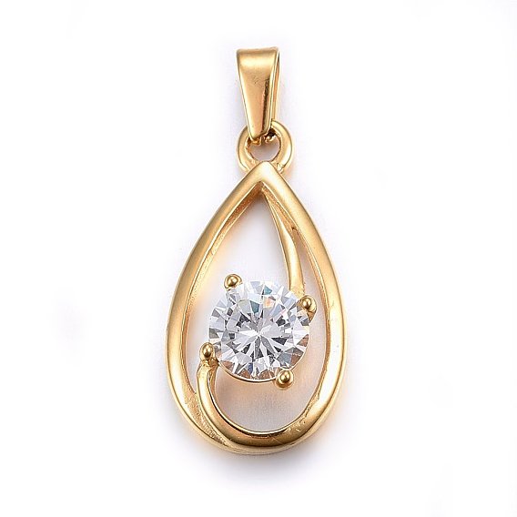 304 Stainless Steel Pendants, with Cubic Zirconia, teardrop, Clear