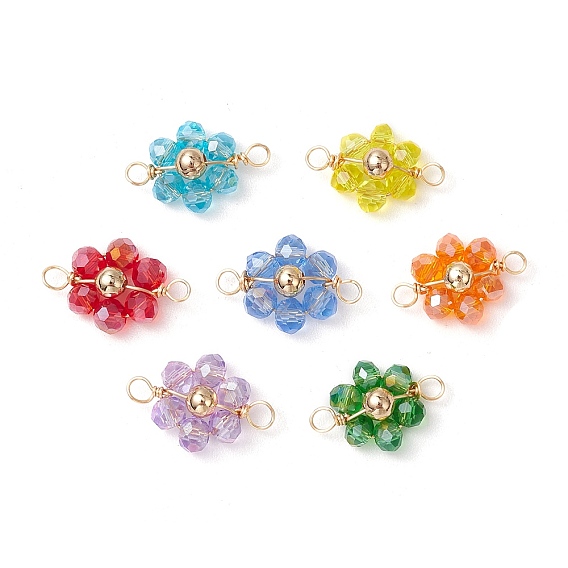 7 шт. 7 цвета гальванопокрытие ab цвет прозрачный стеклянный граненый рондель и латунный круглый бисерный соединительный цветок подвески, с петлями из медной проволоки, золотые